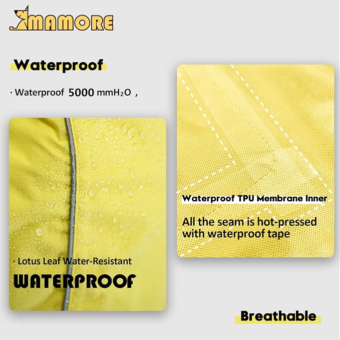 MAMORE Dog Raincoat, Waterproof Rain Jacket for Small Medium Large Dogs, Windproof Reflective Adjustable Breathable Pet Rain Coat with Storage Pocket and Leash Holes (Mineral Yellow, 2X-Large)