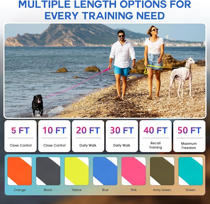 Wolfone Waterproof Dog Leash 40FT Long Line Recall Training Lead | Outdoor Dog Leash Waterproof PVC coated training rope with easy clean design great for recall swimming and adventures