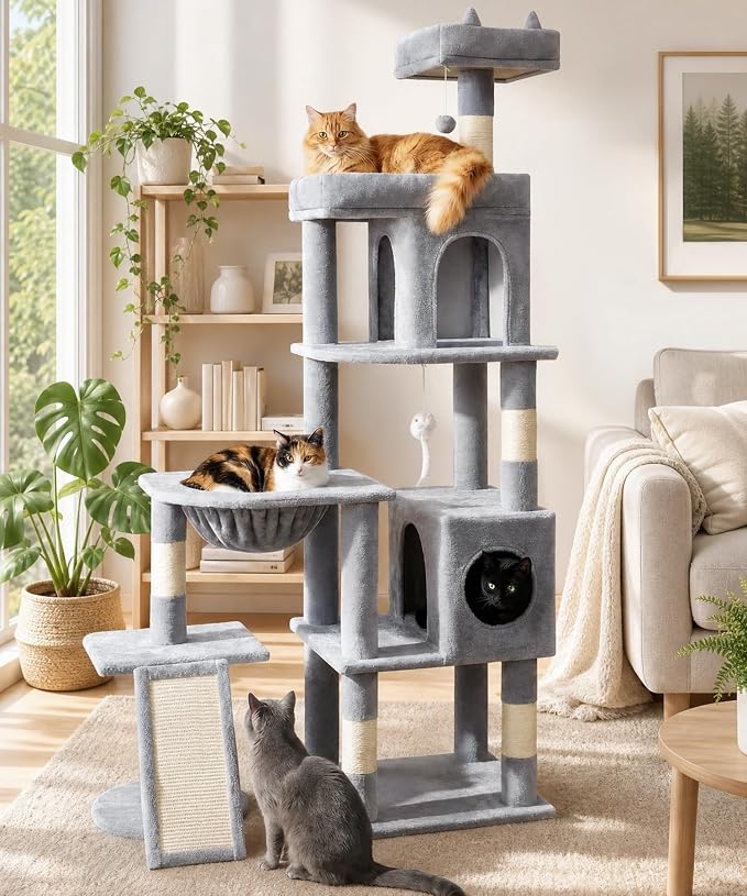 68 Inches Heavy Duty Cat Tree for Indoor Cat, Big Cat Tower | Cat Houses & Tree Tower with 2 Condos, Sisal Scratching Posts & Large Platform for Indoor Cats Large Adult, Grey
