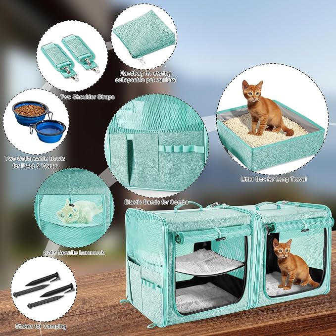 Extra Large Cat Carrier for 2 Cats with Travel Litter Box, 2-in-1 Foldable Soft Pet Car Travel Carrier with Zipper Locks for Multiple Cats Small Dogs Up to 45 Lbs, Green