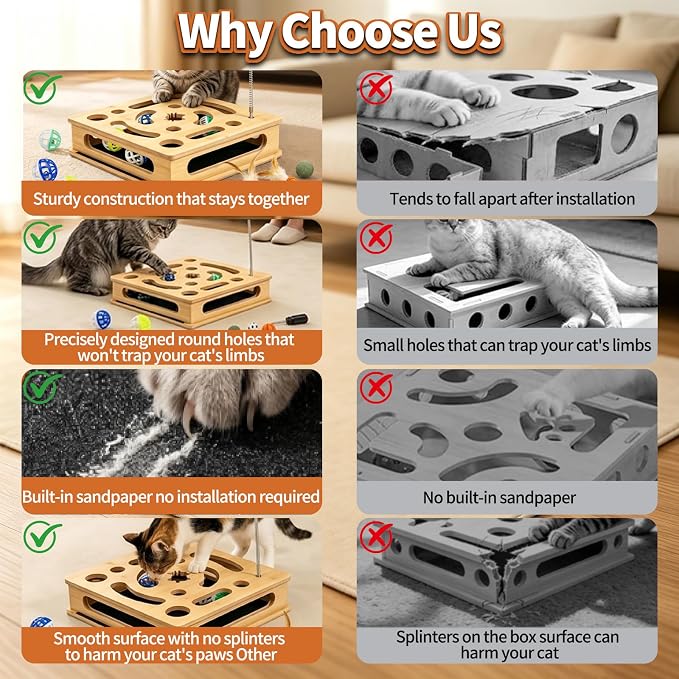 Cat Scratch Puzzle Enrichment Box, Bamboo Wooden Cat Nail File Enrichment Toy, Claw Saver Toy for Cats