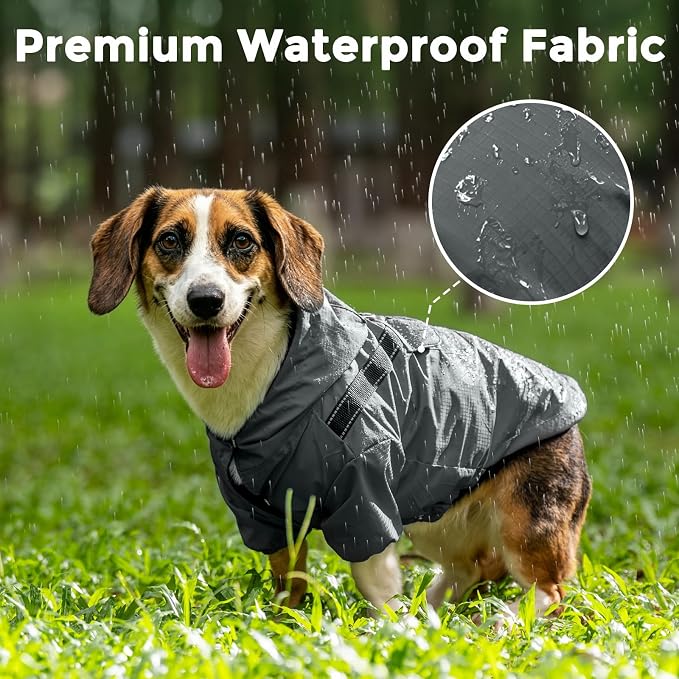 JoyDaog Dog Raincoat with Hood, Waterproof Dog Rain Jacket for Medium Dogs | Waterproof dog rain jacket with hood and pockets for rainy walks, outdoor activities and everyday protection,Grey M
