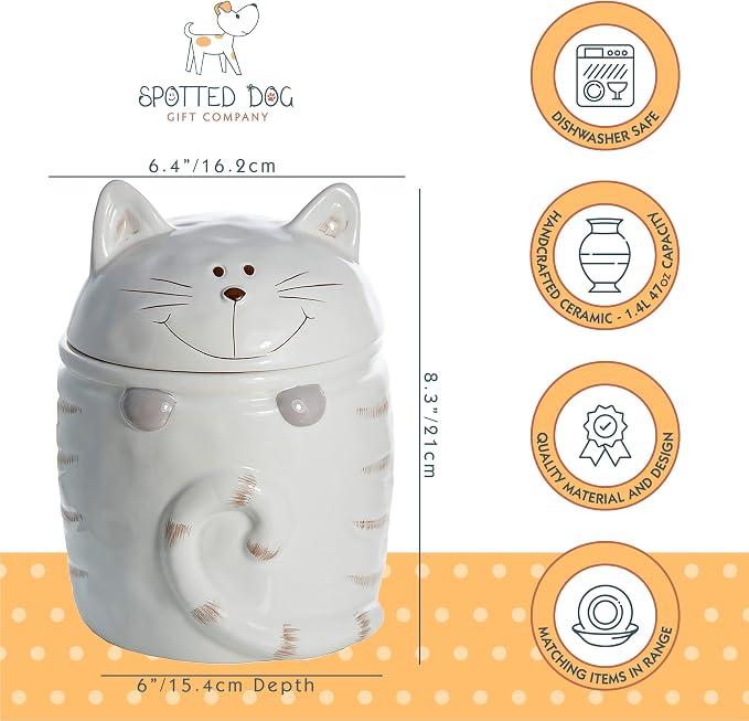 SPOTTED DOG GIFT COMPANY Ceramic Cookie Jar with Lid, Large Cat Treat Container for Cookies & Biscuits, Cute Novelty Kitchen Storage for Countertop, Gifts for Cat Lovers - 47oz White