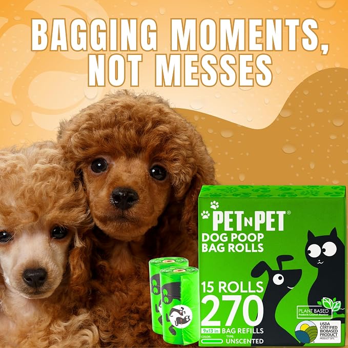 Pet N Pet 270 Counts Green Poop Bags for Dogs, 38% Plant Based & 62% PE Extra Thick Dog Poop Bags Rolls, 9" x 13", Unscented Dog Waste Bag, Pet Supplies for Dogs