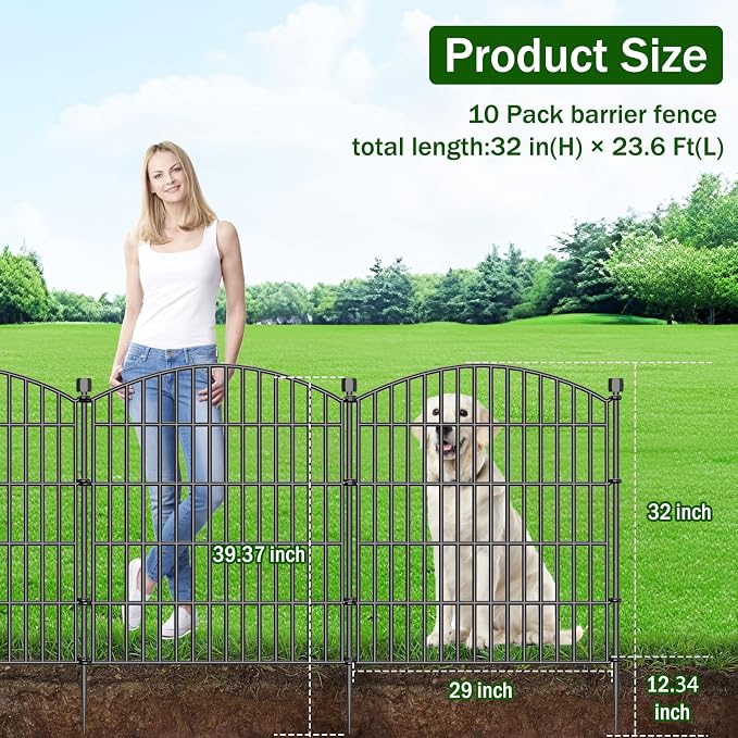 10 Panels Decorative Garden Fence with Gate - 32 in (H) x 23.6 ft (L) No Dig Dog Fence Outdoor for Yard, Rustproof Tall Garden Fencecing Panels, Animal Barrier Suitable for Yard Border, Patio