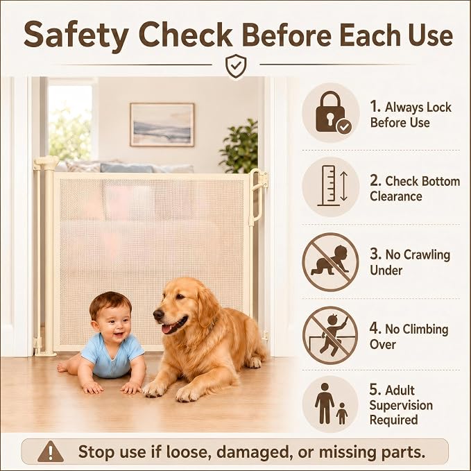 SPACEANY Retractable Safety Baby Gate or Mesh Dog Gate,Durable Portable Mesh Retractable Gate,Easy to Use for Stairs, Doorways, Hallways, Indoor, Outdoor, 33.5" Tall, Up to 55" Wide, Cream