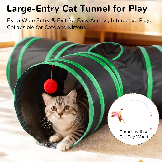 Tempcore Cat Tunnel for Indoor Cats, 3 Way Collapsible Pet Play Tunnel with Teaser Wand, Peek Holes & Hanging Ball, Interactive Tube for Kittens & Rabbits, Black & Green