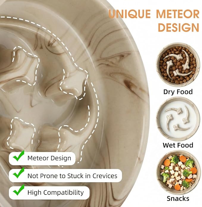 Stoneware Slow Feeder Dog Bowls Small Breed, 0.6 Cups, 6.4 Inch | Raised maze design slows fast eating for small dogs, puppies and cats; Marble Pattern Design，non-slip and dishwasher safe.