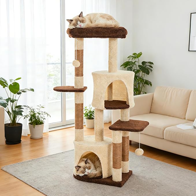 45.3-Inch Cat Tree Tower for Indoor Cats, Brown | Two cozy cat condos; three soft platforms; full sisal scratching wrap; removable dangling toy; reinforced anti-tip base