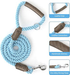 Mile High Life Dog Leash Braided Cotton Rope w/Leather-Wrapped Ends/Handle | Rust-proof 360° swivel clasp, Heavy-duty for medium/large breeds. Great for weddings, daily walks (5 FT, 1/2", Sky Blue)