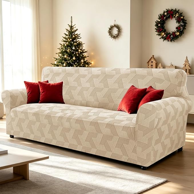 ZNSAYOTX Stretch Oversized Couch Covers for 3 Cushion Couch, 1-Piece Extra Large Sofa Cover Slipcover, Furniture Protector with Elastic Bottom Geometrical Jacquard Fabric (X-Large, Khaki)