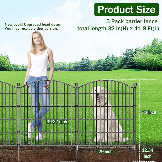 5 Panel No Dig Decorative Garden Fence 32" H x 11.8'L Outdoor Dog Barrier | Rustproof welded steel with deep ground stakes for yards, patios. Modular design contains pets, rabbits, small animals.