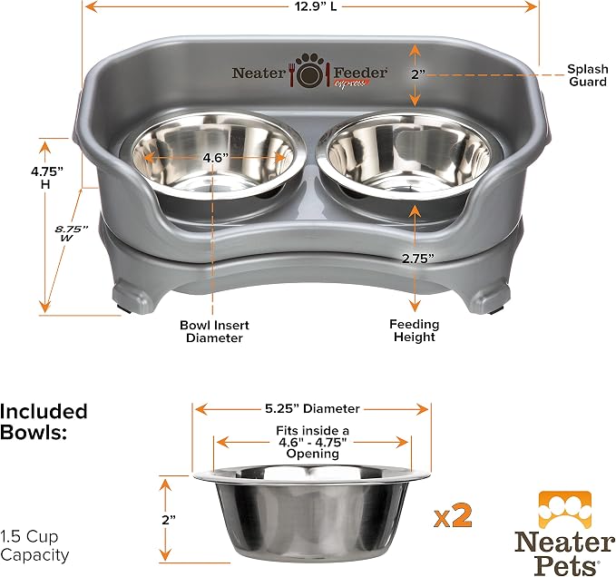 Neater Feeder Express Mess Proof Dog Bowls Elevated for Small Breeds Under 15 Lb, Made in USA, No Spill Raised Dog Food Bowl Stand, Stainless Steel Food and Water Bowl Set, Feeding Station, Grey
