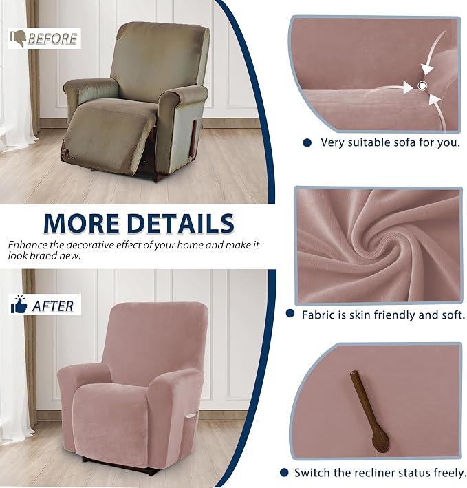 Asnomy Stretch Recliner Chair Covers Slipcover with Pockets 1-Piece（Pink） | Velvet Washable Elastic Luxury Plush Reclining Furniture Protector for Dogs Cats or Lazy Boy Recliner Covers