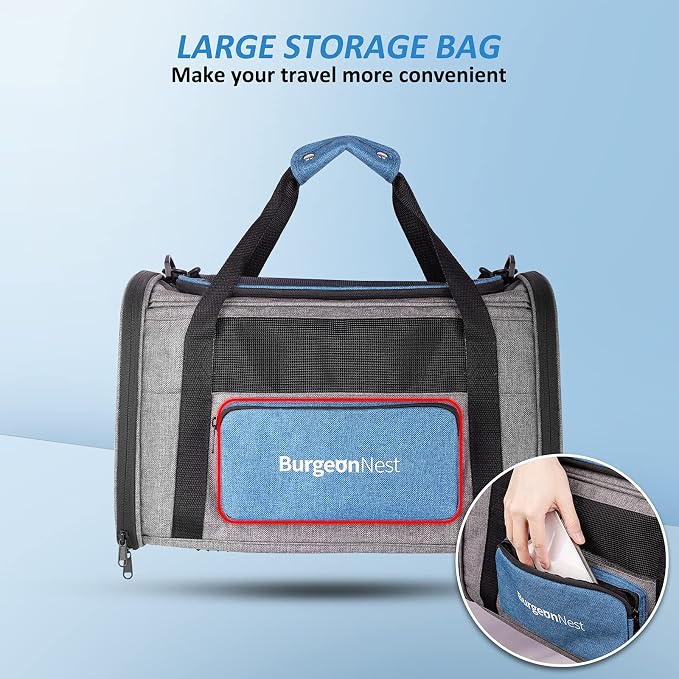 BurgeonNest Pet Carrier for Large Cats, Soft-Sided Cat Carrier for Big Cats and Small Dogs Up to 20 lbs, Top Loading Collapsible Escape-Proof Travel Cat Bag with 4 Mesh Windows & Side Storage, Blue | Soft sided cat carrier with top loading access, mesh...