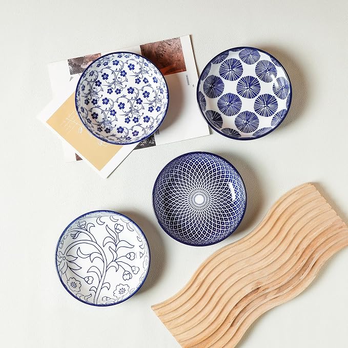 Selamica Ceramic Cat Food Bowl Set of 4, 5.6 Inch Wide Shallow Cat Bowls/Dishes for Food and Water, Vintage Blue