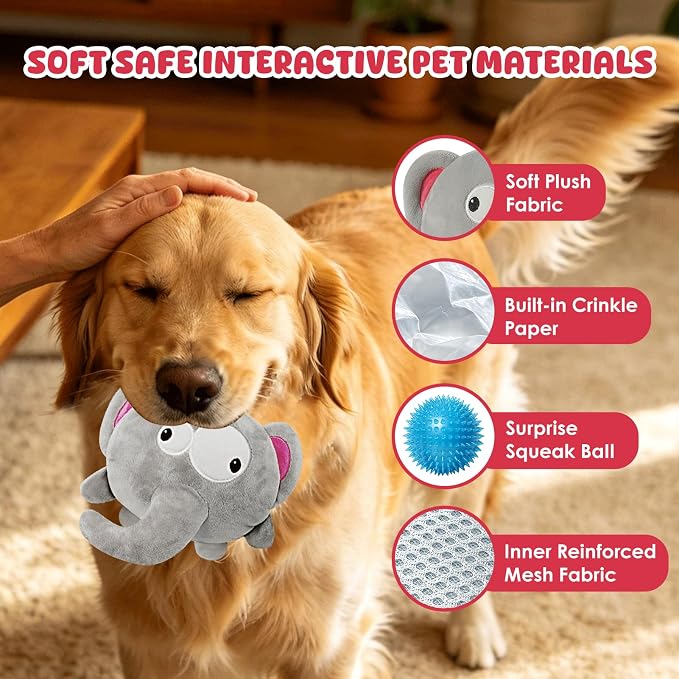 XIAPIA 3-in-1 Plush Elephant Squeaky Dog Toys for Aggressive Chewers | No Stuffing Interactive Dog Toys, Hidden Squeaky Ball & Crinkle Paper, Chew Fetch Toy for Small Large Puppy, Birthday Gift