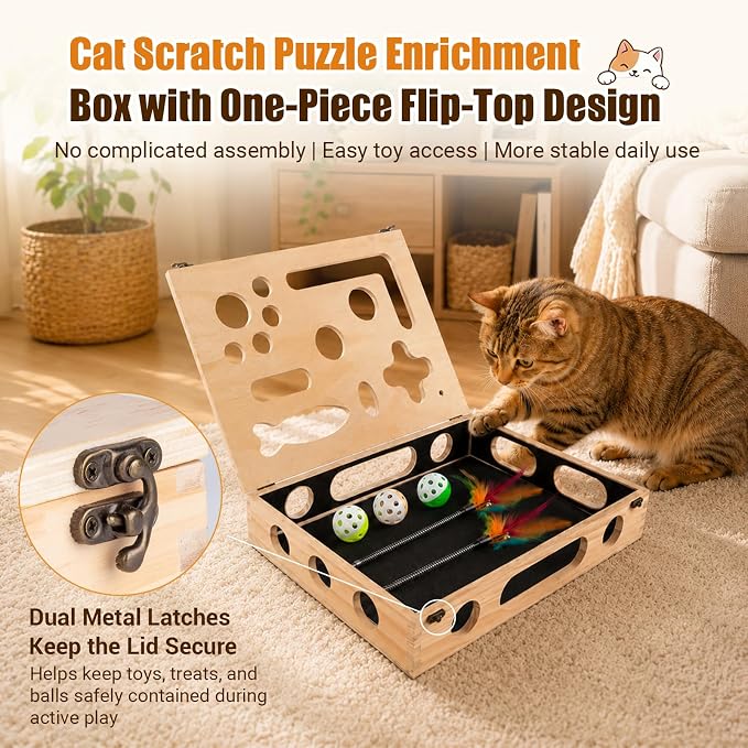 Cat Scratch Puzzle Enrichment Box, Wooden Interactive Toy for Indoor Cat | Cat Nail File Scratcher Box Include 2 Feather Wands & 3 Bell Balls, Claw Saver Box with Sandpaper Nail Trim for Cats & Kitten