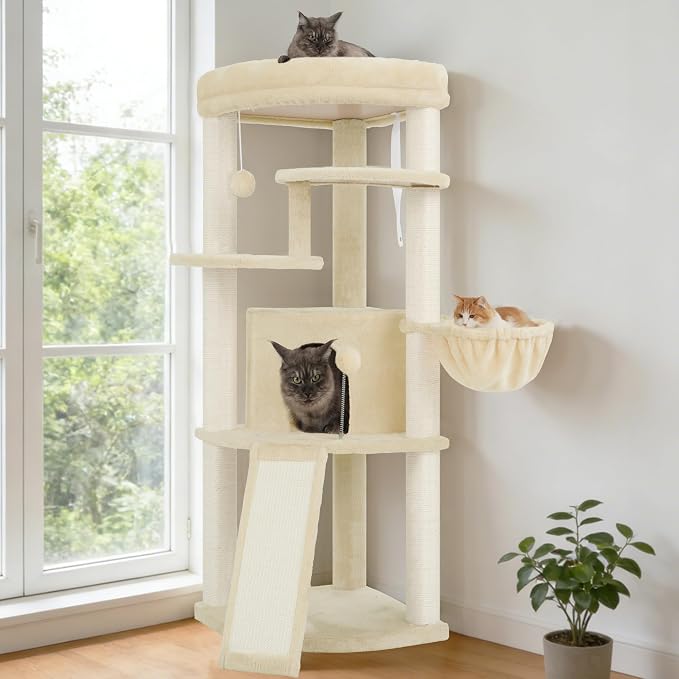 Gitelsnour Corner Cat Tree Tower with All Sisal Scratching Posts GCT025MU | 44.1" Cat Furniture with Multi-level Cat Condo, Cat Cave, Hanging Basket, Sisal Scratching Ramp for Indoor Cats, Beige