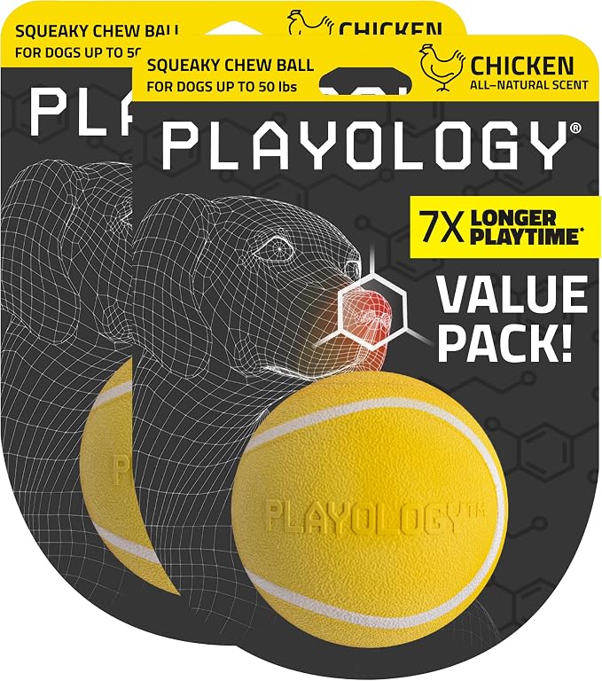 Playology Dog Toys | Squeaky Chew Ball for Dogs, Value 2-Pack | Chicken Scented Medium Dog Balls | Bouncy Floating Chew Toys for Fetch