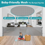 140" Extra Wide Retractable Baby Gate Extra Long Dog Gate Indoor Outdoor | Retractable Fence for Large Openings, Garage Dog Gate, Space-Saving, Easy to Use, Safety Lock, Sturdy Mesh, Easy Install/Gray