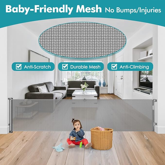 140" Extra Wide Retractable Baby Gate Extra Long Dog Gate Indoor Outdoor | Retractable Fence for Large Openings, Garage Dog Gate, Space-Saving, Easy to Use, Safety Lock, Sturdy Mesh, Easy Install/Gray