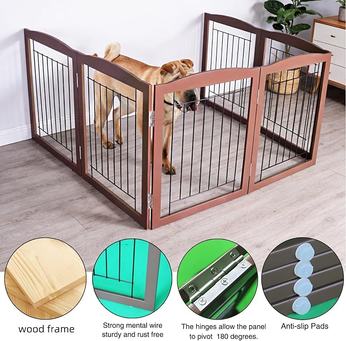 ZJSF Freestanding Foldable Dog Gate for House Extra Wide Wooden Brown Puppy Gate Stairs Dog Gates Doorways Tall Pet Gate 24 "Height 6 Panels Pet Fence