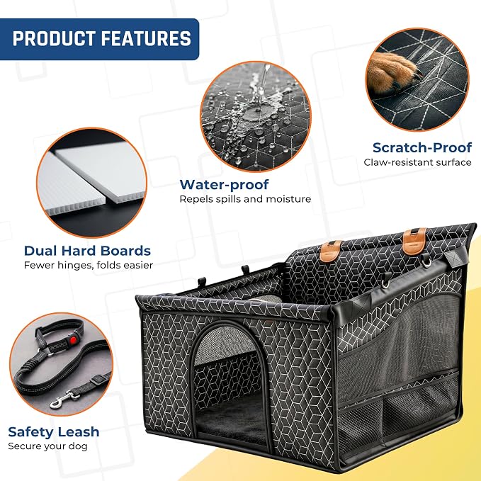 Dog Car Seat for Large Medium Dogs, Back Seat Extender for Pets with Hard Bottom, Waterproof Dog Seat Cover with 3 Mesh Windows, Removable Fleece Mat for Cars SUVs Trucks