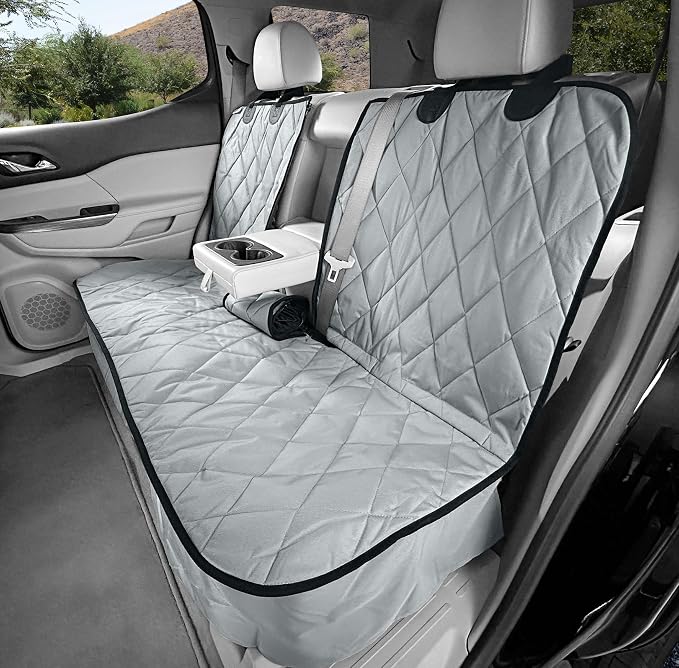 4Knines Dog Seat Cover for Back Seat, Heavy Duty Waterproof Rear Seat Protector for Large Trucks, SUVs, Cars - Fits 60/40 Split Bench with Middle Seat Belt, Non-Slip Backseat Cover (Extra Large, Grey)