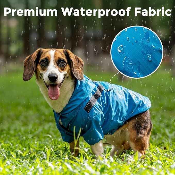 JoyDaog Dog Raincoat with Hood, Waterproof Dog Rain Jacket for Large Dogs | Waterproof dog rain jacket with hood and pockets for rainy walks, outdoor activities and everyday protection,Blue L