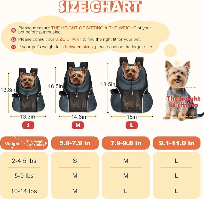 WOYYHO Pet Dog Carrier Backpack, Ventilated Mesh Small Dog Front Backpack | Breathable Puppy Back Pack, with Safety Belt, Storage Pockets, for Travel Hiking Cycling Outdoor Adventures, Dark Gray, M