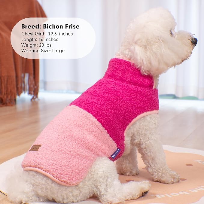 cyeollo Warm Dog Coat Sherpa Dog Winter Coat, Reversible Fleece Dogs Jackets Sweater Vest for Small Dogs Male with Leash Hole, Soft Cold Weather Pet Clothes, Rose Red L