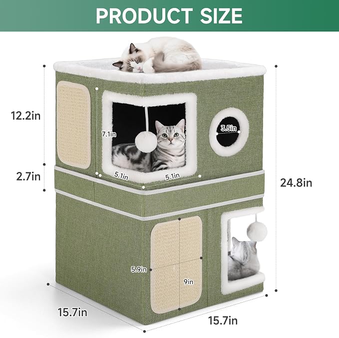 Shikha 2 Story Cat House beds for Indoor Cats with Scratch Pads Green | 2 in 1 Dual Use Double Cat Bed Cave for Multiple Pets Kitten, Elevated Perch for a Wide View, All Season Reversible Cushion