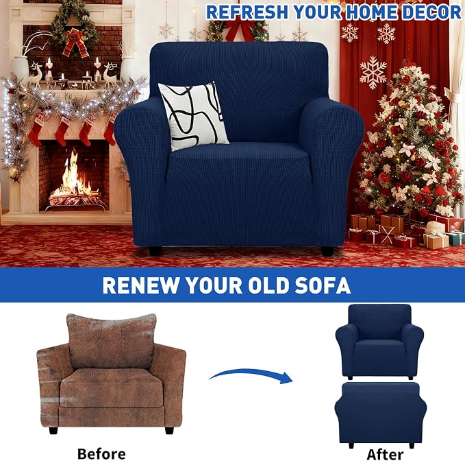 MAXIJIN Stretch Chair Cover Chair Slipcovers with Arms, 1-Piece Couch Sofa Chair Covers for Living Room, Non Slip Armchair Cover (31"-46") Furniture Protector Dogs Pet Friendly (Chair, Navy Blue)