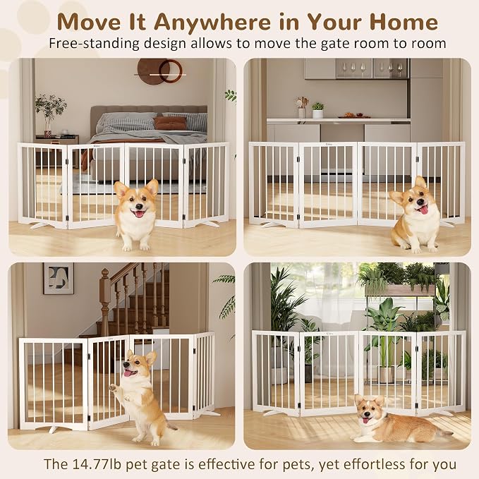 Free Standing Dog Gate Indoor, Foldable Dog Gate for Doorways Stairs | 4-Panel Freestanding Pet Gate with Support Feet for Stability, Folding Puppy Gate Easy to Move, Doggy Gate 72"x24", White