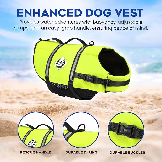 Dog Life Jacket - Swimming Vest for Dogs, Adjustable, Reflective, Comfortable, Multiple Colors, Patterns, XX-Small to Extra Large Dog Swim Vest with Handle (Neon Yellow, X-Large)
