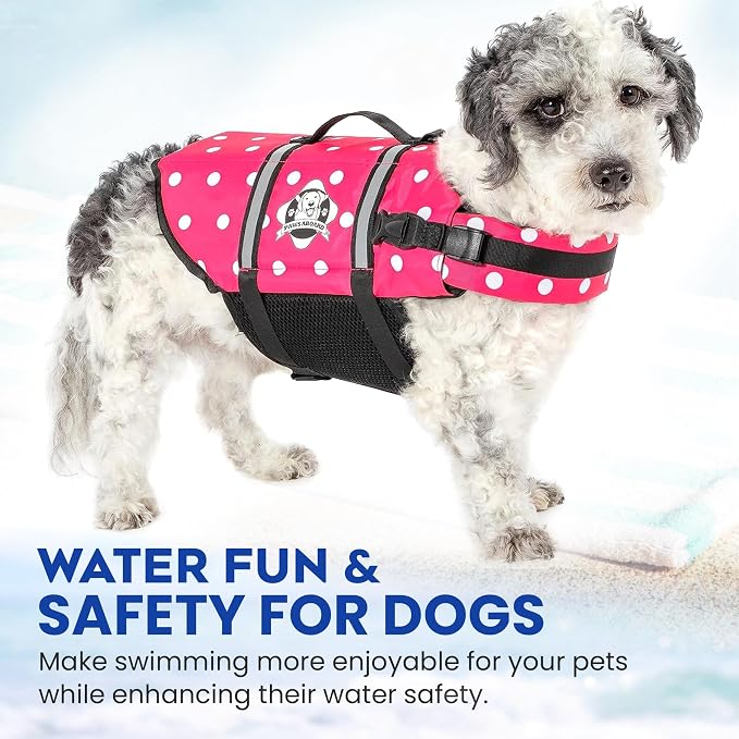 Dog Life Jacket - Swimming Vest for Dogs, Adjustable, Reflective, Comfortable, Multiple Colors, Patterns, XX-Small to Extra Large Dog Swim Vest with Handle (Pink Polka Dot, Medium)