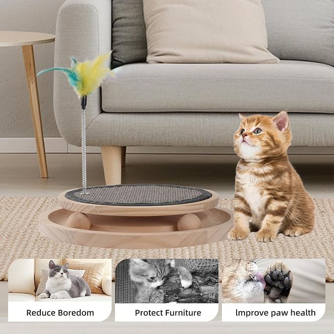Natural Sisal Round Cat Scratcher with Ball Track Toy | Interactive, For Indoor Cats, Chasing Hunting Exercise, Mental Physical Puzzle, Kitten Toys