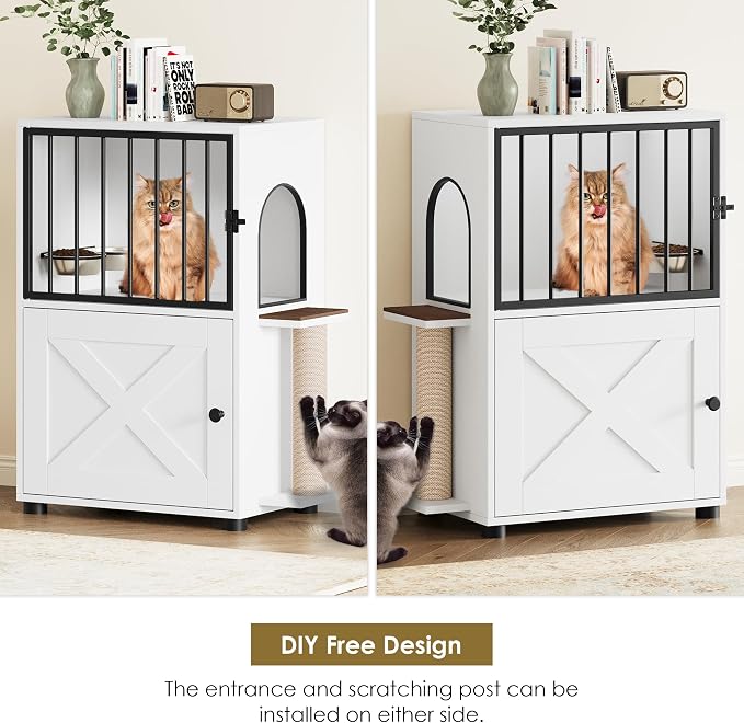 Cat Feeding Station, Dog Proof Cat Feeding Station with Scratching Post, Elevated Food Bowls with Stand, Cats Tree with Food Storage for Small Spaces, Pet House Furniture (White)