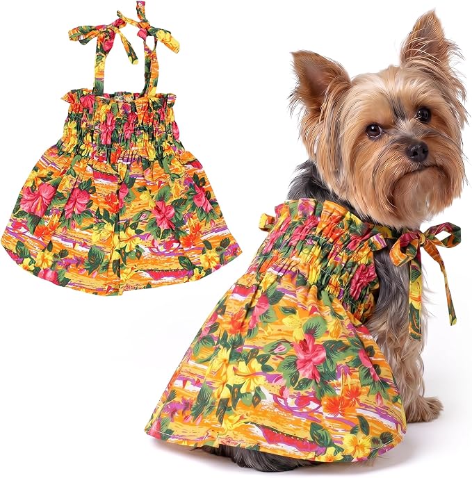 Parisian Pet Hawaiian Dog Dress - 100% Cotton Summer Clothes for Small Dogs Girl - Pet Dress with Pull-Up Straps - Floral Beach Dog Outfit - Lightweight Puppy Clothes - Stylish Dresses for Dogs