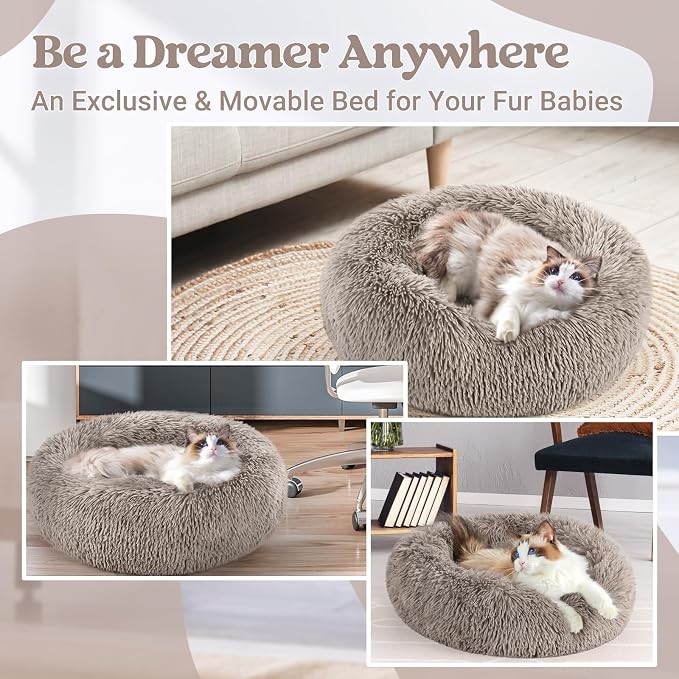 rabbitgoo Calming Cat Beds for Indoor Cats, 20 inches, Khaki | Soft Warm Donut, Fluffy Faux Fur, Supportive Raised Rim, Anti-slip, Machine Washable, Up to 15lbs Kittens & Small Cats