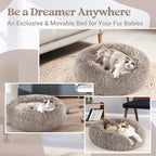 rabbitgoo Calming Cat Beds for Indoor Cats, 20 inches, Khaki | Soft Warm Donut, Fluffy Faux Fur, Supportive Raised Rim, Anti-slip, Machine Washable, Up to 15lbs Kittens & Small Cats