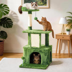 32.8inch Small Cat Tree Tower Condo for Indoor Cats, Soft Plush Multi-Level Climbing Tree Cat House with Cat Cave, Scratching Post, Sisal Rope, Green