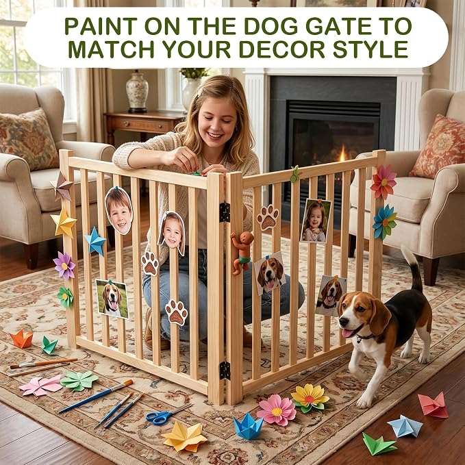 Wooden Freestanding Dog Gate Indoor- 16.9" H 5 Panels | No-Painted Foldable Dog Gates, Portable Doggy Gate for Stairs Doorways Hallways