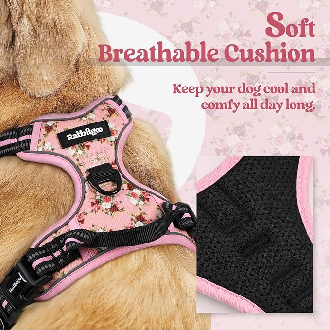 rabbitgoo Dog Harness, No Pull for Large Dogs with 2 Leash Clips, Pet Vest | No Choke with Handle, Adjustable Soft Padded, Reflective, Easy Control for Walking, Pink Rose, X-Large