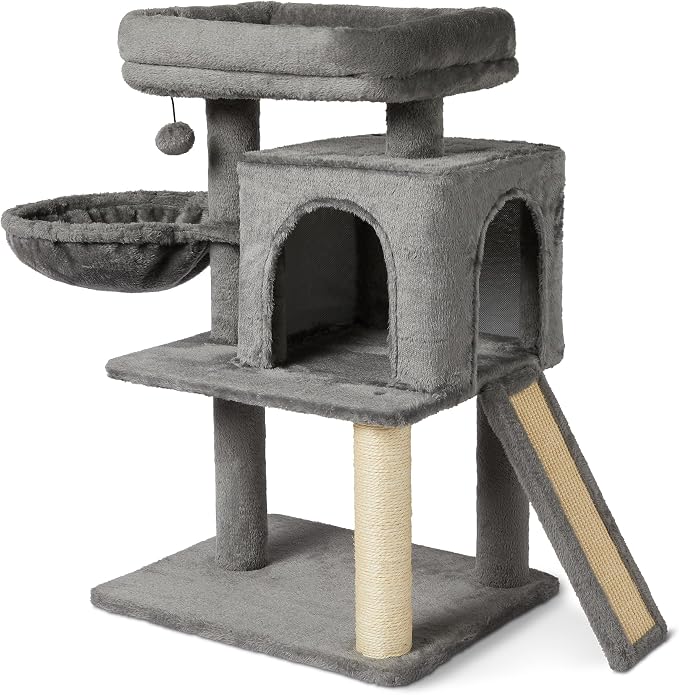 Amazon Basics Indoor Cat & Kittens Multi-Level Climbing Activity Tower with Scratching Posts, 2 Condos, FSC Certified, M - 30"(76.2cm) H, Grey