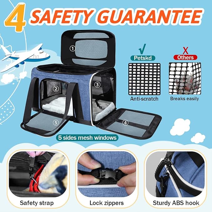 Petskd Top-Expandable Small Pet Carrier 18"x11"x11" Airline Approved | for Delta/American/United Airlines, Lockable Safety Zippers and Anti-Scratch Mesh, Soft-Sided, Pets Under 10 Lbs, Blue