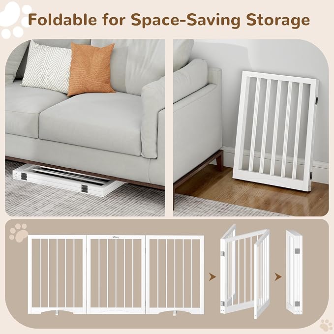 Free Standing Dog Gate Indoor, Foldable Dog Gate for Stairs Doorways | 3-Panel Freestanding Pet Gate with Support Feet for Stability, Folding Puppy Gate Easy to Move, Doggy Gate 54"x24", White