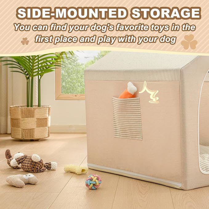 Jiupety Indoor Dog House with Frame, Cute Dog Tent Bed with Cover Cave, Breathable, Washable, and Foldable House, Suitable for 8-16 Lb Puppy and Cats, Medium (17"×17"×17"), Beige