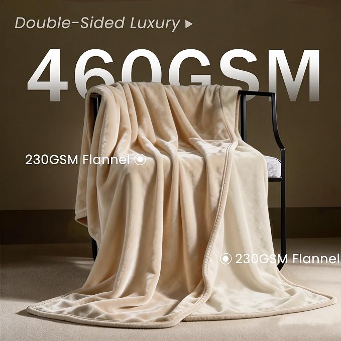 gogobunny Waterproof Flannel Blanket for Bed Couch Sofa, Reversible Double-Sided Throw for Dog Puppy Cat, Stain Resistant Furniture Protector Against Liquid Pee and Fur (90" x 108", Beige/Cream)